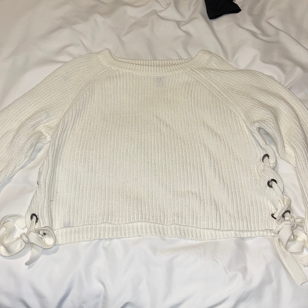 White lace up sweater